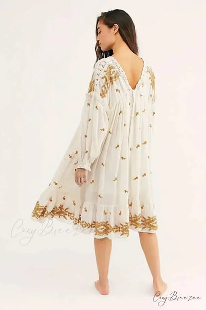 Button Up Black Embroidery Vintage Cotton Boho Dress bohodress-250126