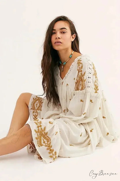 Button Up Black Embroidery Vintage Cotton Boho Dress Off white / S bohodress-250126