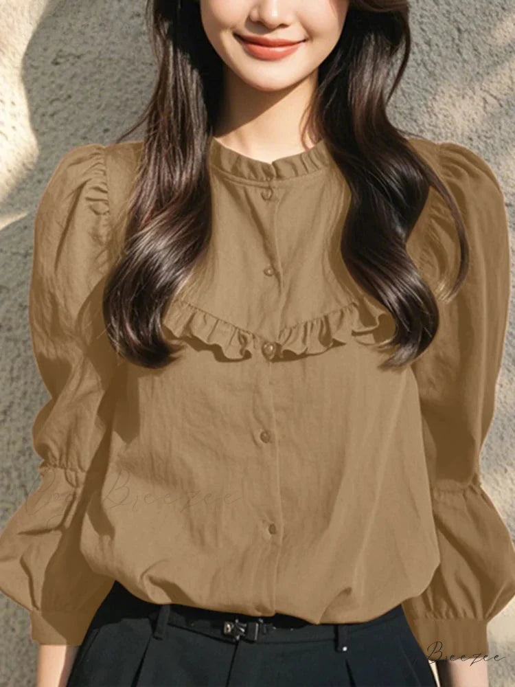 Button-up Crew-neck Puffy Sleeve Relaxed Blouse Khaki / S blouse-250126