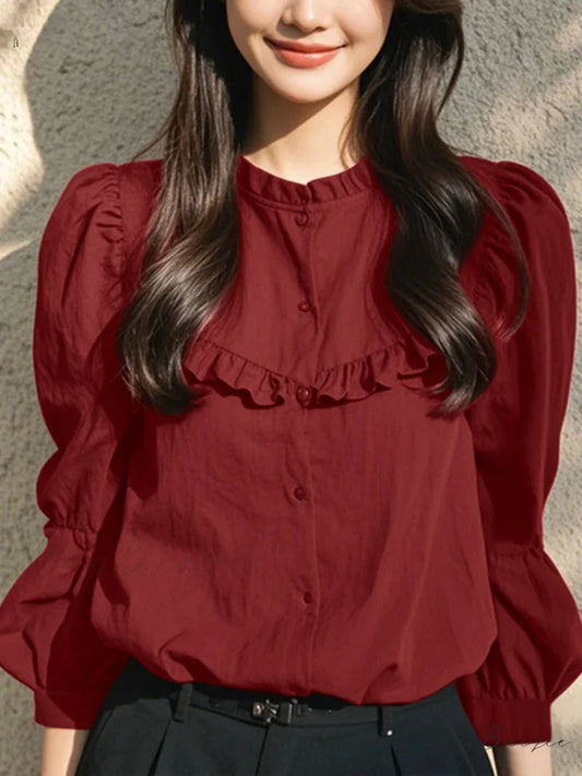 Button-up Crew-neck Puffy Sleeve Relaxed Blouse Red / S blouse-250126