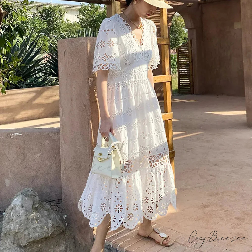 Button Up Embroidery Lantern Sleeve Cotton Boho Dress bohodress-250126