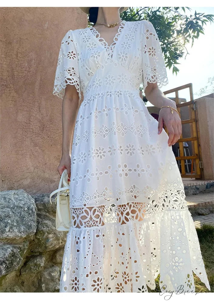 Button Up Embroidery Lantern Sleeve Cotton Boho Dress bohodress-250126