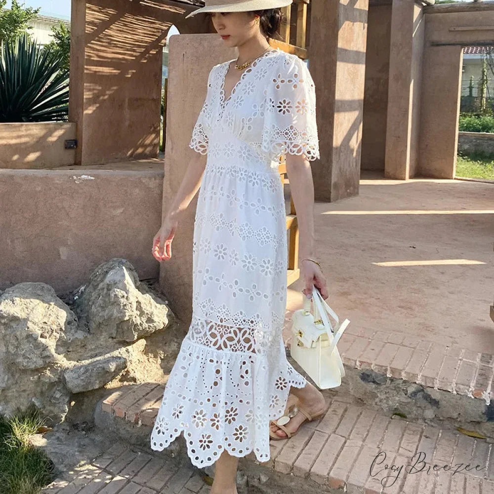Button Up Embroidery Lantern Sleeve Cotton Boho Dress bohodress-250126
