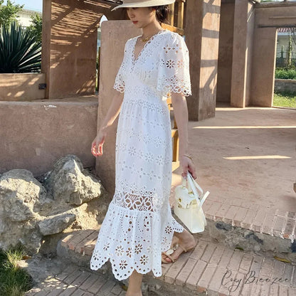 Button Up Embroidery Lantern Sleeve Cotton Boho Dress bohodress-250126