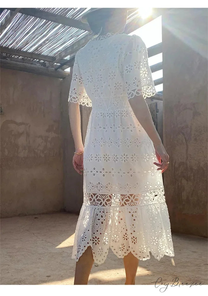 Button Up Embroidery Lantern Sleeve Cotton Boho Dress bohodress-250126