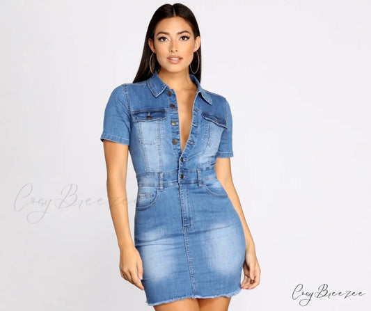Button Up In Charming Denim Frayed Dress DENIM / XS