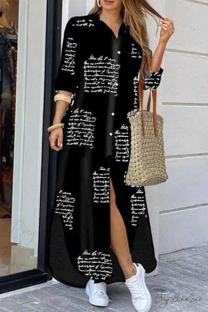 Button Up Pocket Shirt Dress - Long Sleeve Black and White Letters / S
