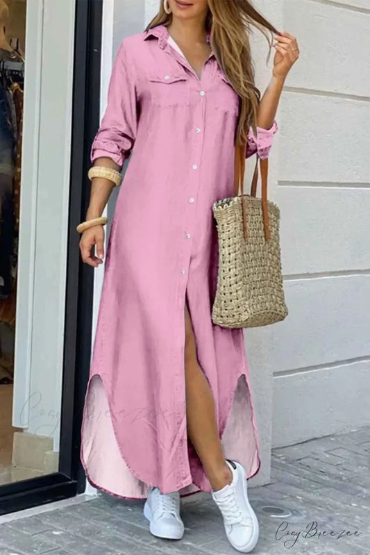 Button Up Pocket Shirt Dress - Long Sleeve Pink / S