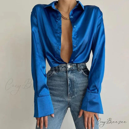 Button Up Satin Long Sleeve White Blouse Blue / S blouse-250223