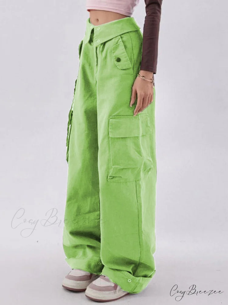 Buttoned Green Graceful Baggy Boyfriend Jeans