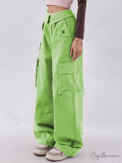 Buttoned Green Graceful Baggy Boyfriend Jeans
