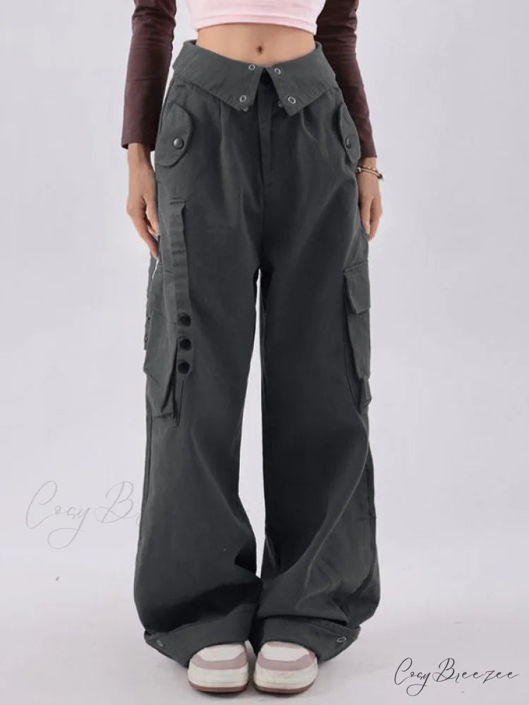 Buttoned Green Graceful Baggy Boyfriend Jeans