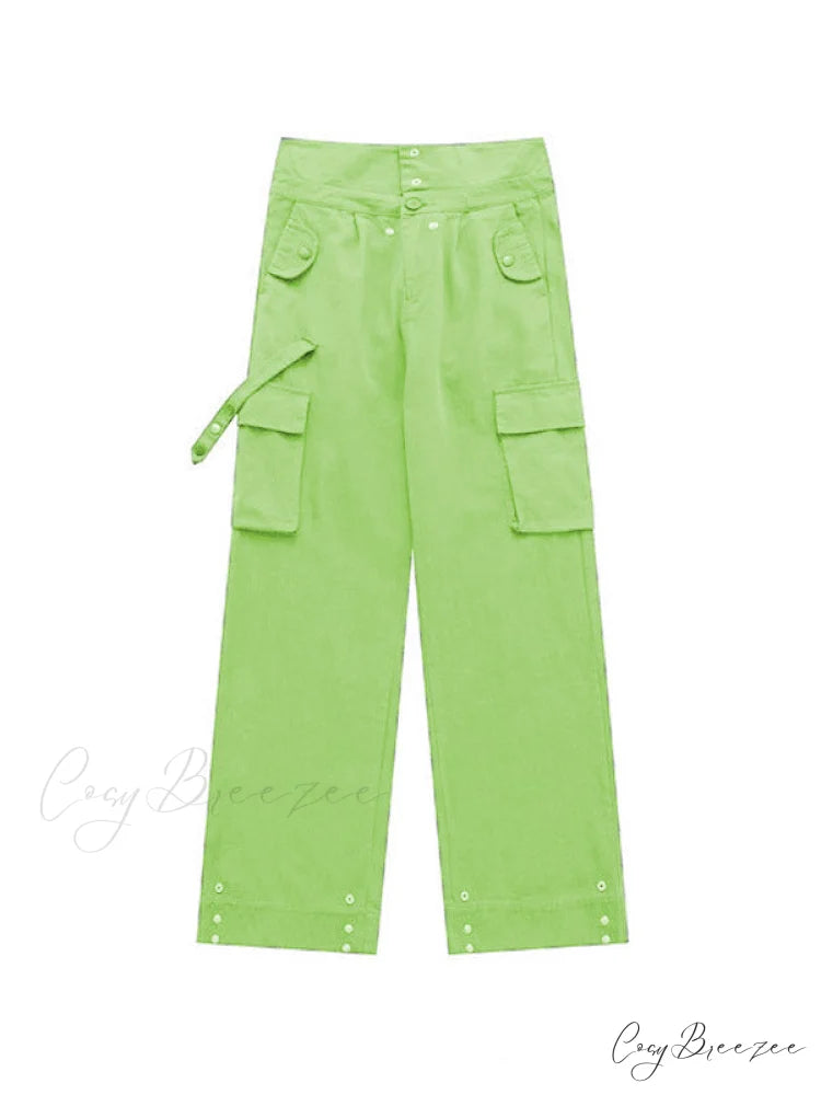 Buttoned Green Graceful Baggy Boyfriend Jeans