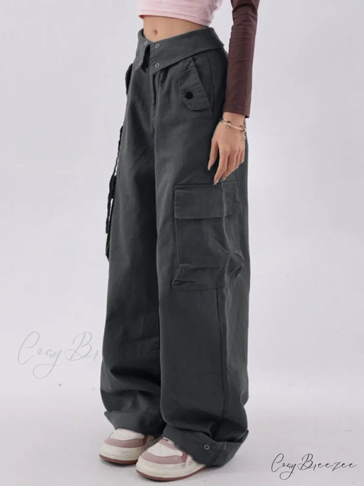 Buttoned Green Graceful Baggy Boyfriend Jeans