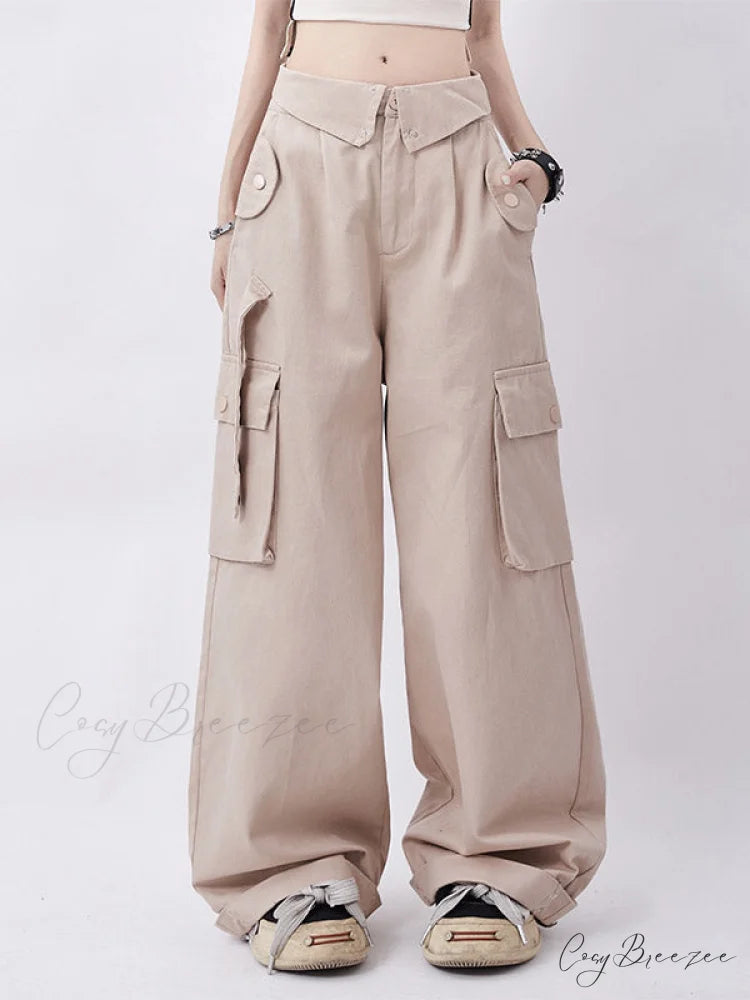 Buttoned Green Graceful Baggy Boyfriend Jeans Apricot / S