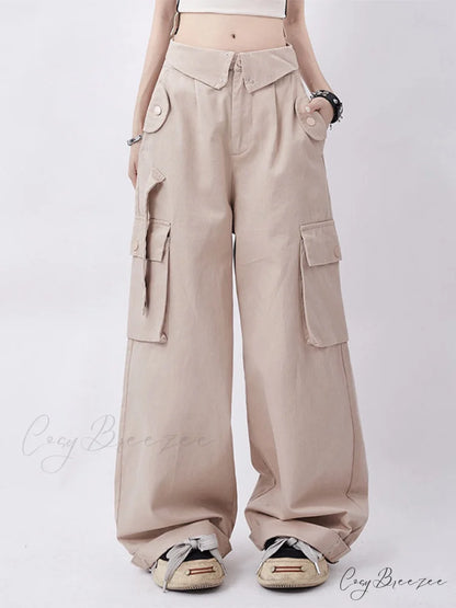 Buttoned Green Graceful Baggy Boyfriend Jeans Apricot / S