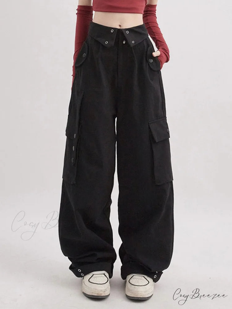 Buttoned Green Graceful Baggy Boyfriend Jeans Black / S