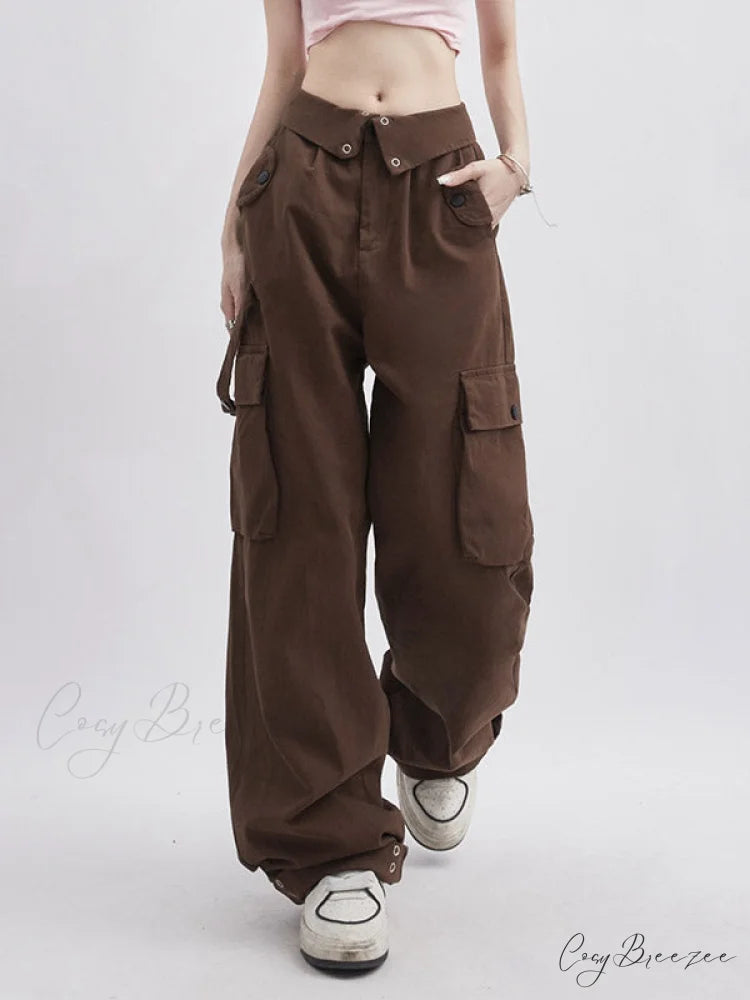 Buttoned Green Graceful Baggy Boyfriend Jeans Brown / S
