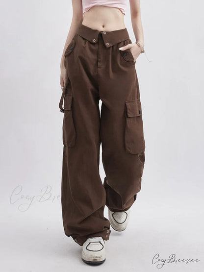 Buttoned Green Graceful Baggy Boyfriend Jeans Brown / S