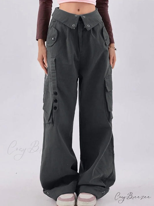 Buttoned Green Graceful Baggy Boyfriend Jeans Gray / S