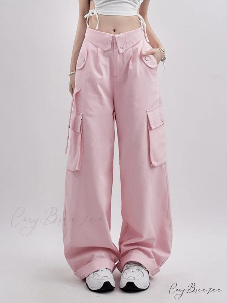 Buttoned Green Graceful Baggy Boyfriend Jeans Pink / S