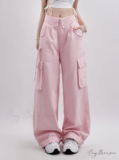 Buttoned Green Graceful Baggy Boyfriend Jeans Pink / S