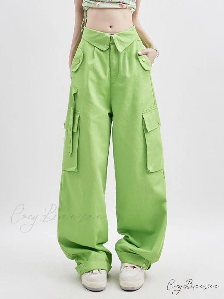 Buttoned Green Graceful Baggy Boyfriend Jeans Green / S