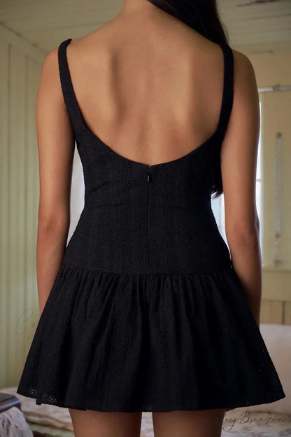 Buttoned Lace Print Charming Frill Mini Dress