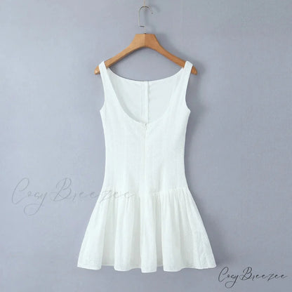 Buttoned Lace Print Charming Frill Mini Dress