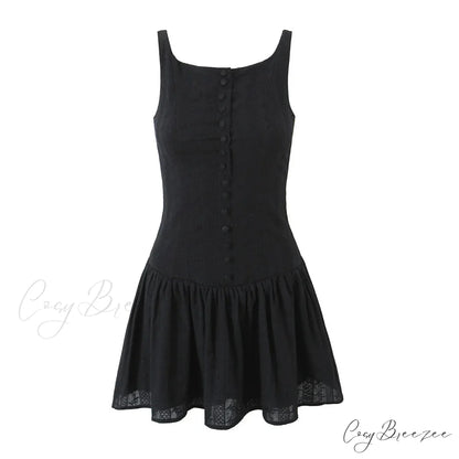 Buttoned Lace Print Charming Frill Mini Dress