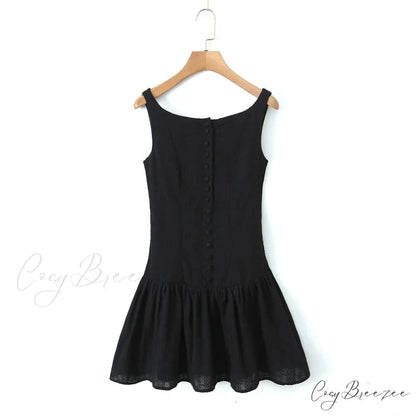 Buttoned Lace Print Charming Frill Mini Dress Black / L