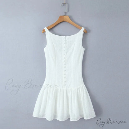 Buttoned Lace Print Charming Frill Mini Dress WHITE / L