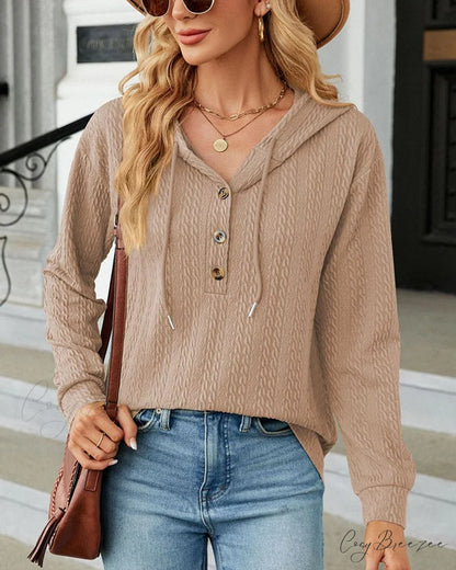 Buttoned Solid Color Hoodie Khaki / S