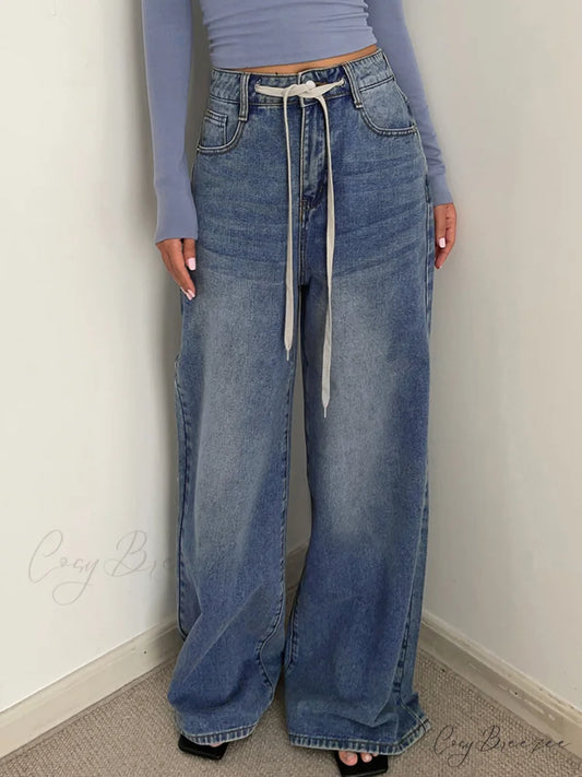 Buttoned Tied Graceful Denim Boyfriend Jeans Blue / XS