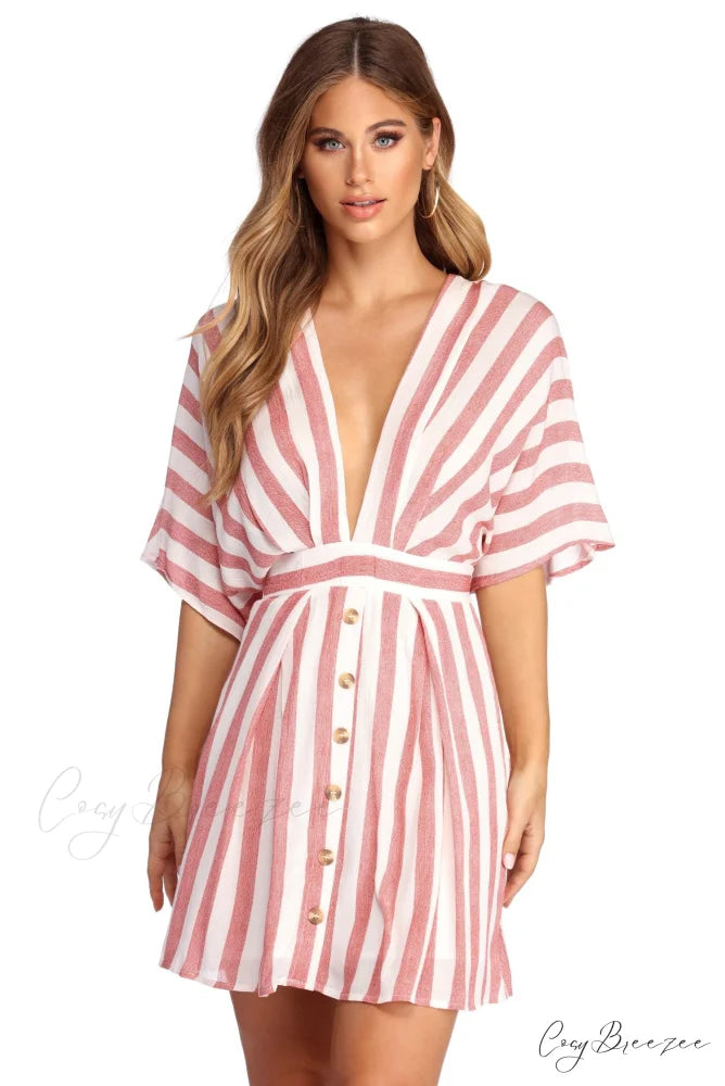 Buttoned Up Stylish In Stripes Dress RED / S