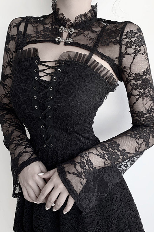 High Neck Flared Sleeve Lace Knit Top