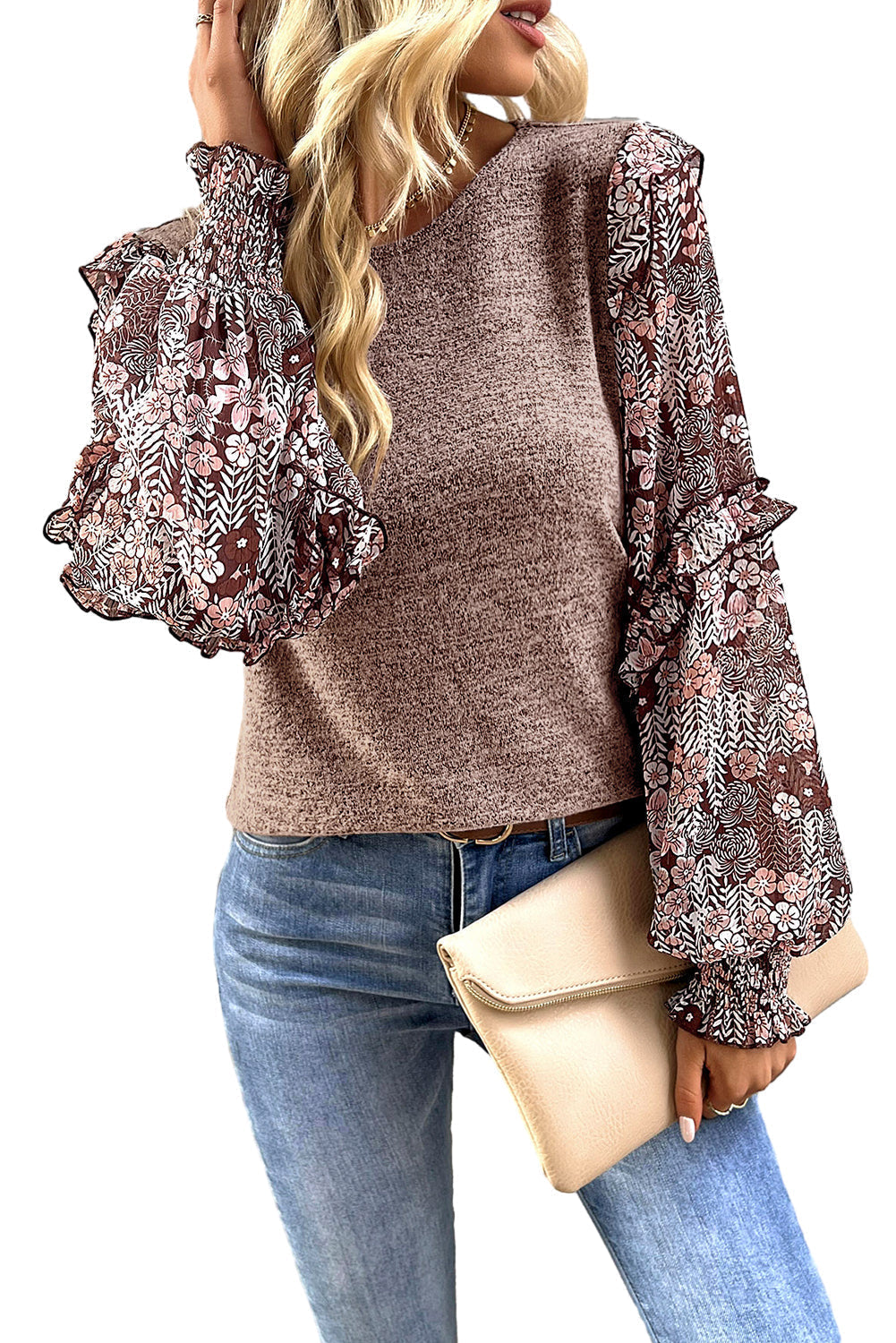 Arm Flowered Blouse Tiered Neck Pale Ruffle Crew in Chestnut