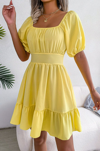 Square Neck Balloon Sleeve Ruffled Dress