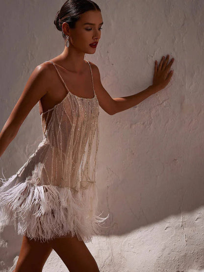 Backless Sequin Fringe Layered Mesh Party Dress
