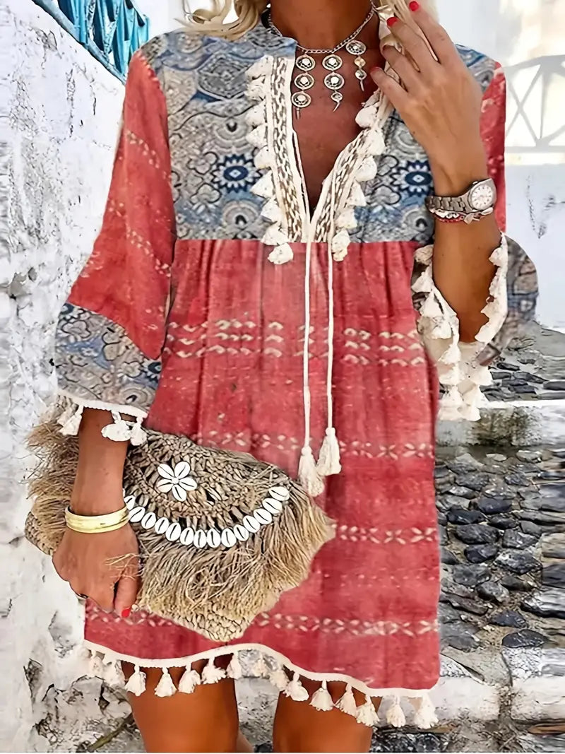 Boho V Neck Tassels Casual Dress with Retro Print