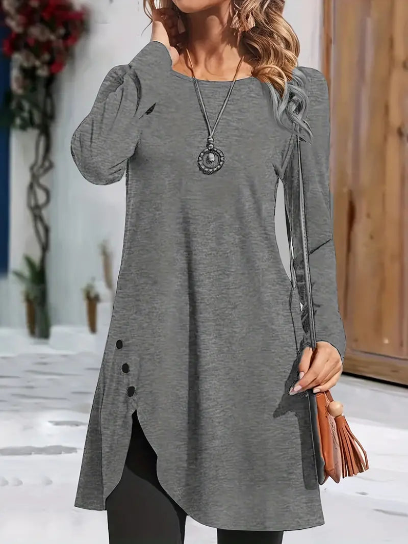 Asymmetrical Hem Button Crew Neck Dress with Long Sleeves