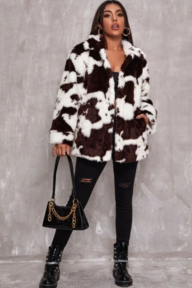 Black and White Faux Fur Cow Print Coat