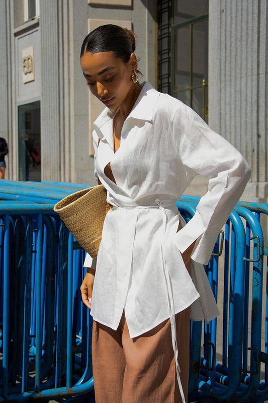 White Long Sleeve Tie Front Linen Blouse