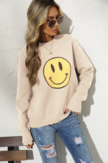 Smily Graphic Round Arm Face Long Neck Sweater