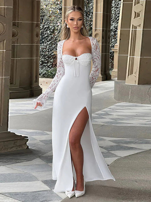 Lace Insert Long Sleeve Split Slim Fit Party Dress