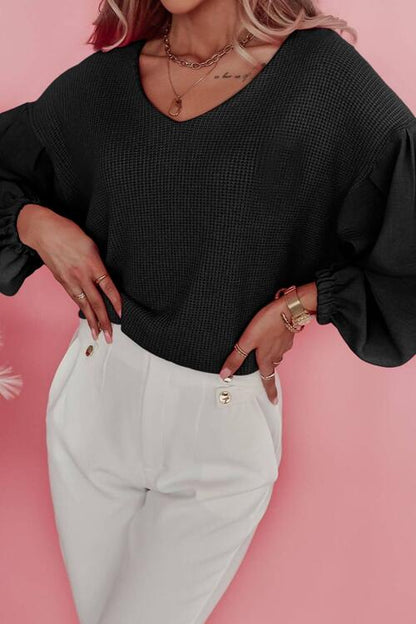 Cosybreezee - V-Neck Waffle-Knit Blouse