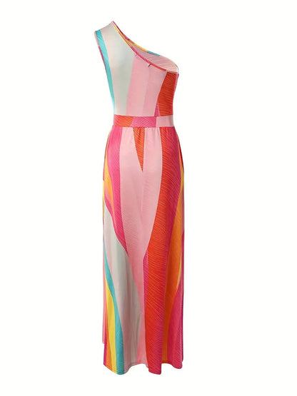 Rainbow High Slit Maxi Dress with One Shoulder