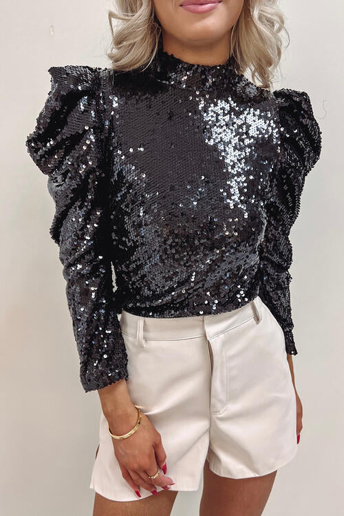 Sequin Top Neck Mock with Leg-Of-Mutton Sleeves