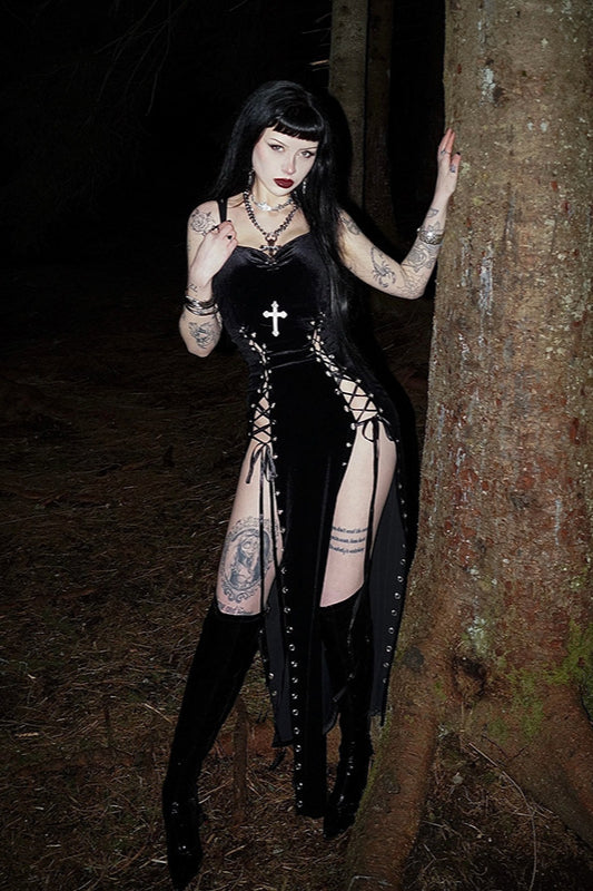 Dark Gothic Lace-Up Cutout Slit Strappy Maxi Dress