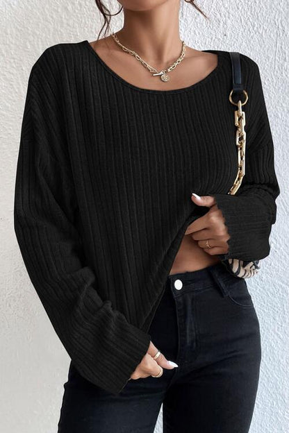 Shoulder Round Ribbed Neck Arm Long Drop Shirt